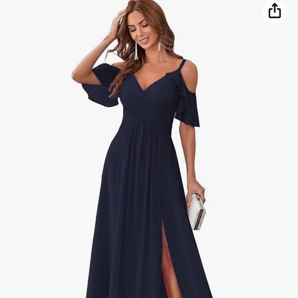 SHINDRESS Women's Off Shoulder, long, Chiffon - Navy Bridesmaid Dress with slit - Picture 1 of 3